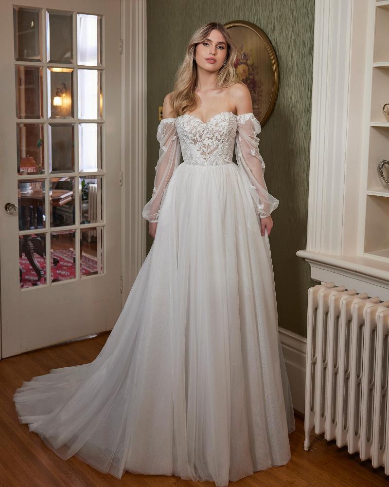 La23250 simple a line tulle wedding dress with sleeves and lace3